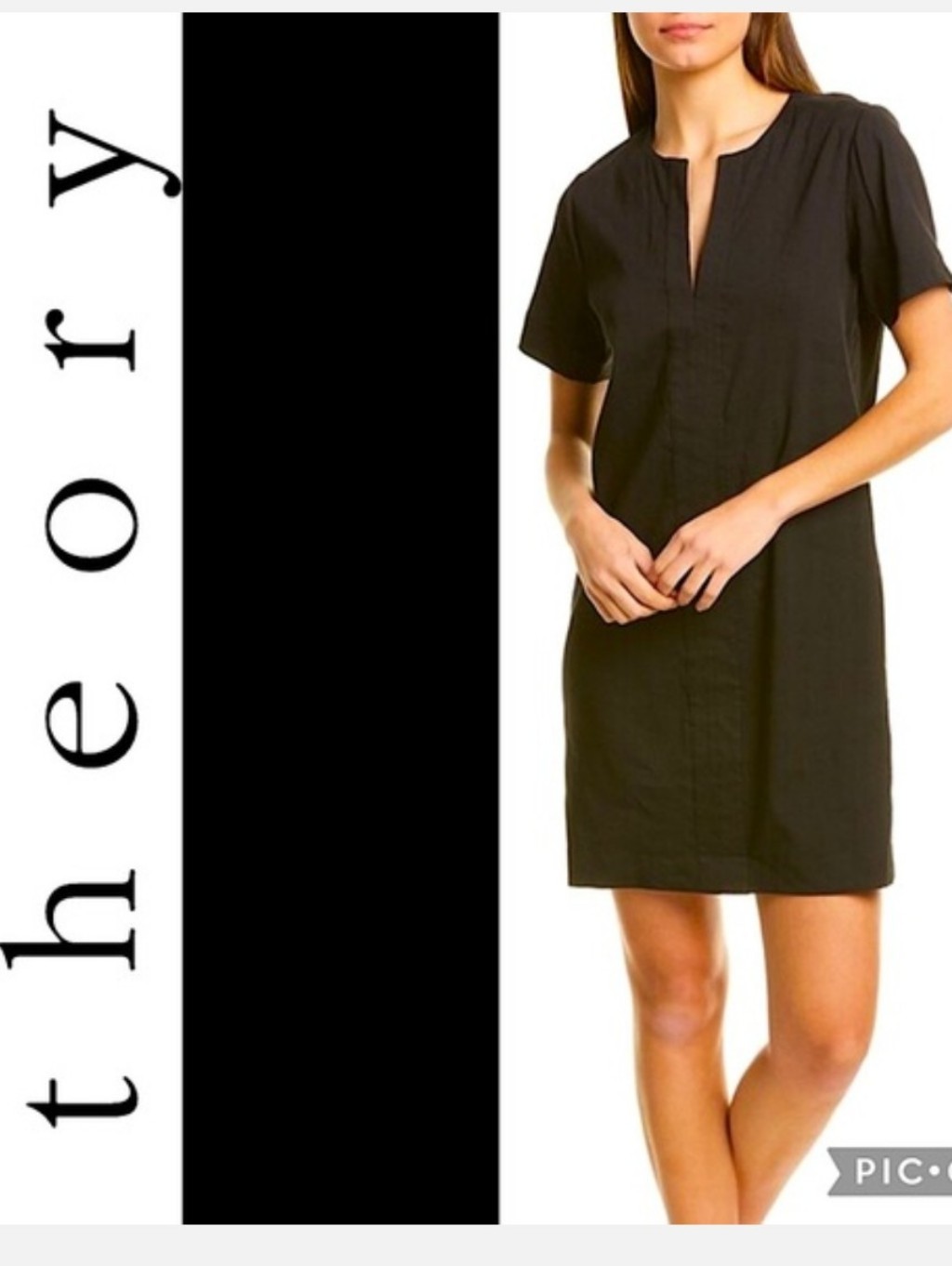 Theory Split Neck Linen Blend Shift Dress In Black Sz L Like New Msrp $325